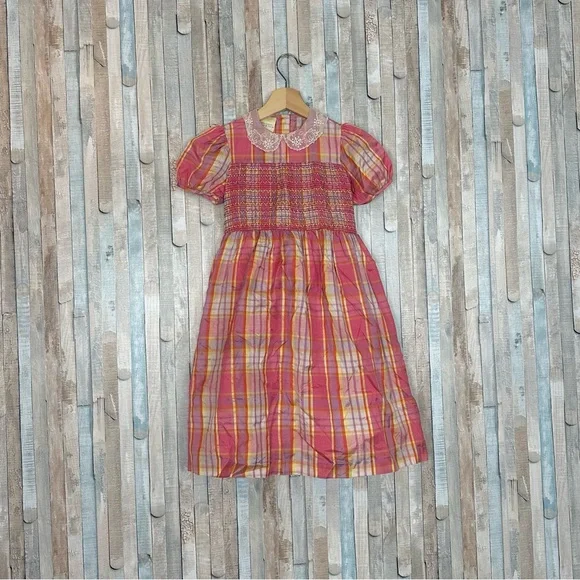 Laura Ashley 5 Vintage Girls Silk Smocked Lace Collar Plaid Dress Play Party - Picture 3 of 9
